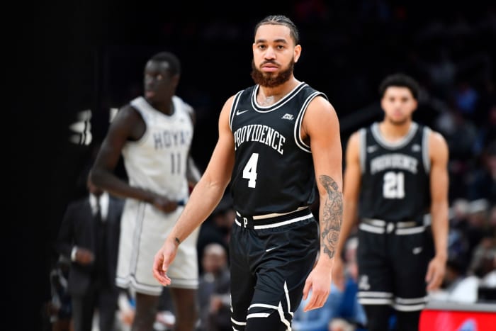 Feb 26, 2023; Washington, District of Columbia, USA; Providence Friars guard Jared Bynum (4) looks on against the Georgetown Hoyas during the first half at Capital One Arena. Mandatory Credit: Brad Mills-USA TODAY Sports